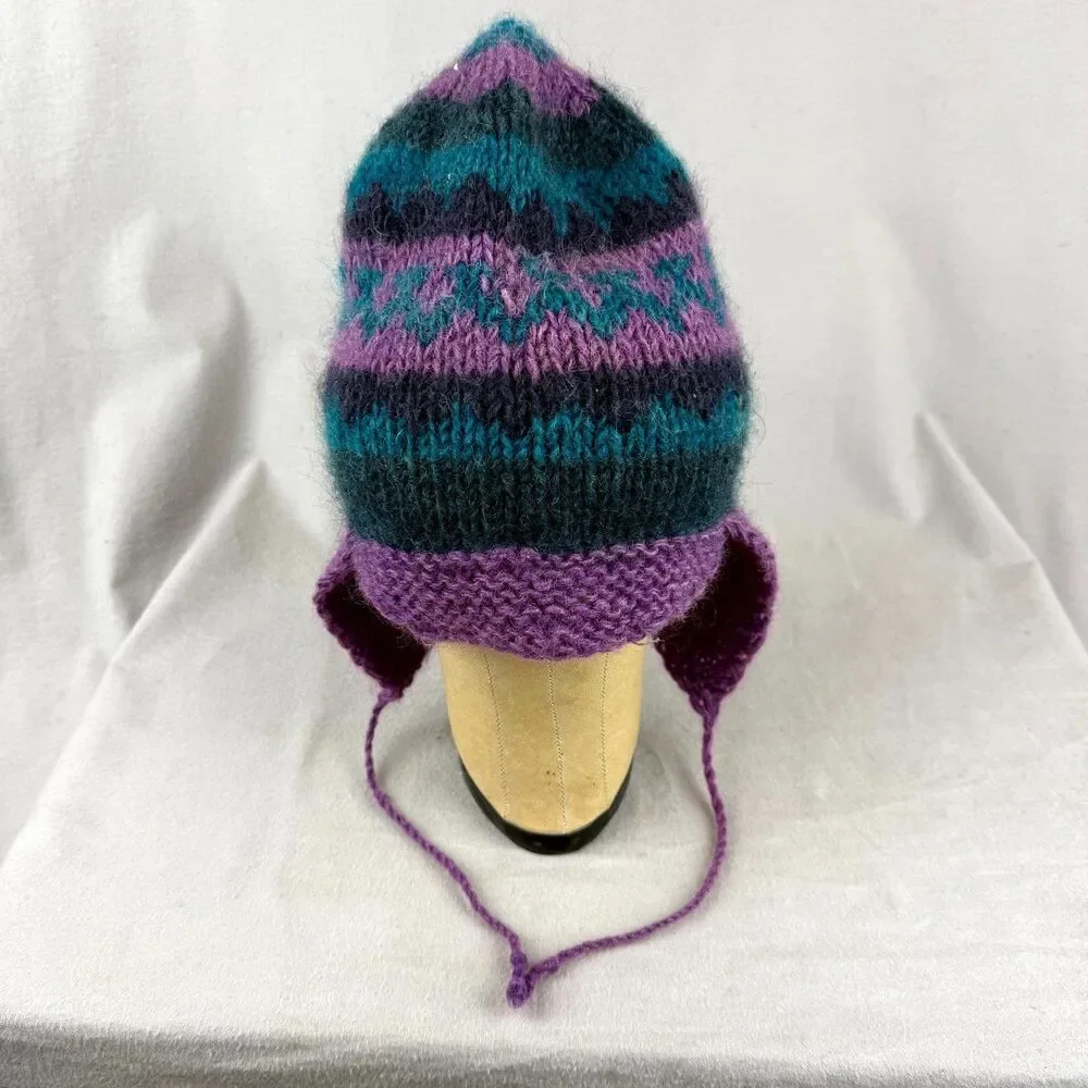 Vtg Mingma Enterprises Nepalese Hat Womens Purple Teal Beanie Boho Wool Earflaps